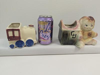 Vintage American Bisque Girl Rag Doll & Train Ceramic Planter