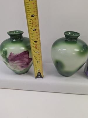 Antique Victorian Hand Painted Roses White Milk Glass Vases Green Background