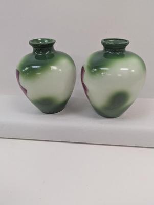 Antique Victorian Hand Painted Roses White Milk Glass Vases Green Background