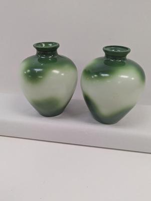 Antique Victorian Hand Painted Roses White Milk Glass Vases Green Background