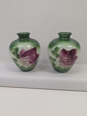 Antique Victorian Hand Painted Roses White Milk Glass Vases Green Background
