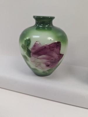 Antique Victorian Hand Painted Roses White Milk Glass Vases Green Background