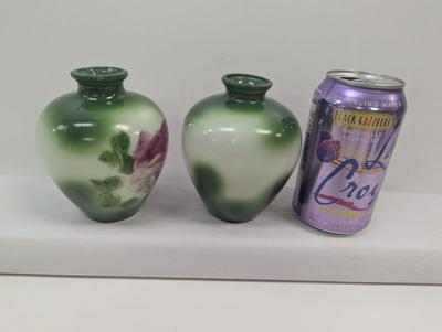 Antique Victorian Hand Painted Roses White Milk Glass Vases Green Background