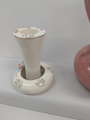 Vintage Majolica Blue Rose Pottery Pink Pitcher Lefton China Hand Painted Ashtray Mid Century Taper Holders