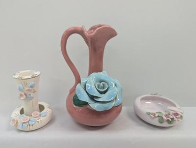 Vintage Majolica Blue Rose Pottery Pink Pitcher Lefton China Hand Painted Ashtray Mid Century Taper Holders