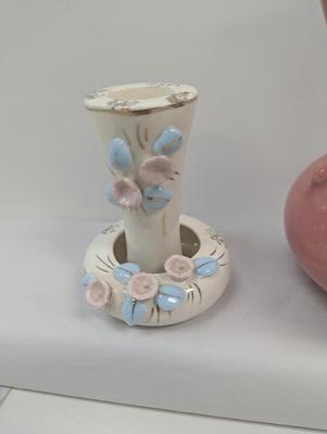 Vintage Majolica Blue Rose Pottery Pink Pitcher Lefton China Hand Painted Ashtray Mid Century Taper Holders