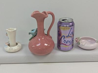Vintage Majolica Blue Rose Pottery Pink Pitcher Lefton China Hand Painted Ashtray Mid Century Taper Holders