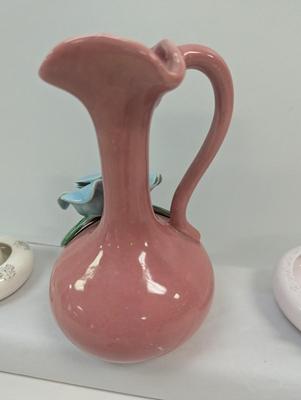 Vintage Majolica Blue Rose Pottery Pink Pitcher Lefton China Hand Painted Ashtray Mid Century Taper Holders