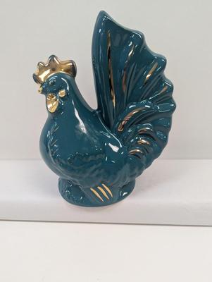 Ceramic Teal/Gold Rooster Bank