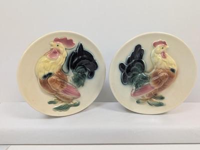 Royal Copley Rooster Chicken Ceramic Round Wall Planter Sconces