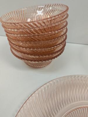 9 Pieces Of Diana Pink Dinner Plate & Bowls Federal Glass