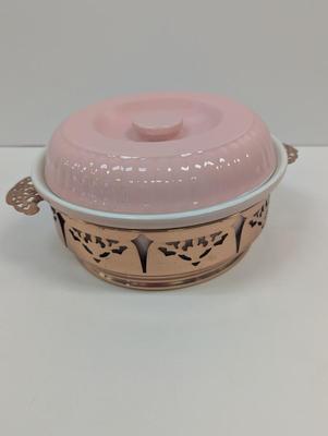 Vintage 1950's Forman Family Hall China Pink Casserole With Reticulated Copper Server
