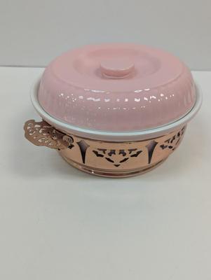 Vintage 1950's Forman Family Hall China Pink Casserole With Reticulated Copper Server