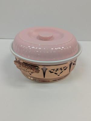 Vintage 1950's Forman Family Hall China Pink Casserole With Reticulated Copper Server