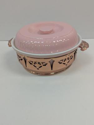 Vintage 1950's Forman Family Hall China Pink Casserole With Reticulated Copper Server
