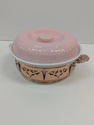 Vintage 1950's Forman Family Hall China Pink Casserole With Reticulated Copper Server