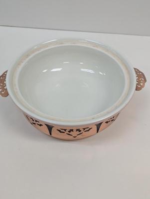 Vintage 1950's Forman Family Hall China Pink Casserole With Reticulated Copper Server