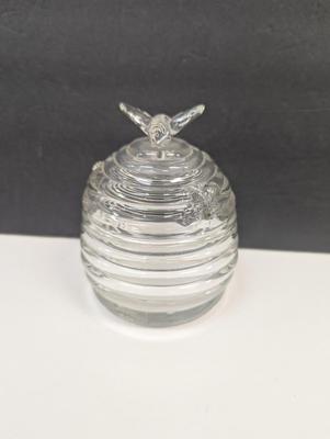 Vintage Glass Honey Jar Beehive With Embossed Bees & Bee Sitting On Lid