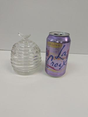 Vintage Glass Honey Jar Beehive With Embossed Bees & Bee Sitting On Lid