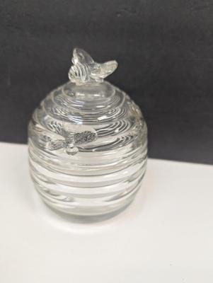 Vintage Glass Honey Jar Beehive With Embossed Bees & Bee Sitting On Lid