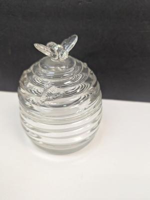 Vintage Glass Honey Jar Beehive With Embossed Bees & Bee Sitting On Lid