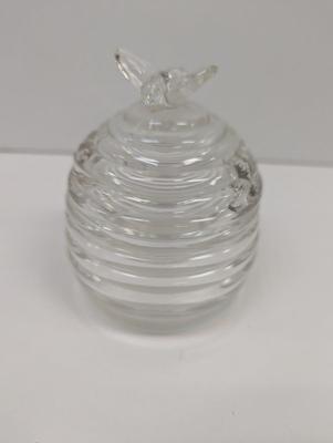 Vintage Glass Honey Jar Beehive With Embossed Bees & Bee Sitting On Lid