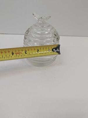 Vintage Glass Honey Jar Beehive With Embossed Bees & Bee Sitting On Lid