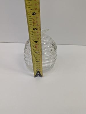Vintage Glass Honey Jar Beehive With Embossed Bees & Bee Sitting On Lid