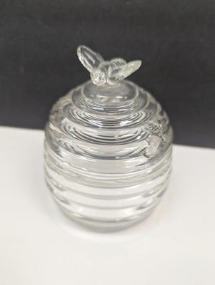 Vintage Glass Honey Jar Beehive With Embossed Bees & Bee Sitting On Lid