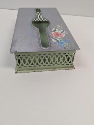 Vintage Chrome & Green Floral Hand Painted Tissue Box Wall Hanging