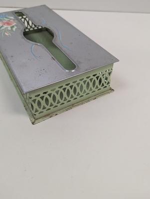 Vintage Chrome & Green Floral Hand Painted Tissue Box Wall Hanging