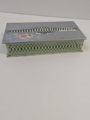Vintage Chrome & Green Floral Hand Painted Tissue Box Wall Hanging