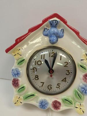 Sessions Made In USA Art Pottery Bluebird Birdhouse Clock