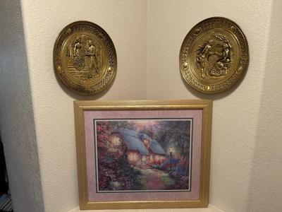 THOMAS KINKAIDE “GLORY OF THE EVENING” AND BRASS EMBOSSED WALL ART