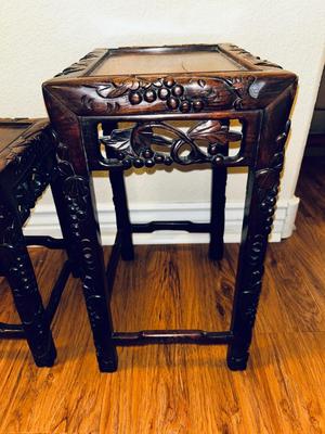 UNIQUE HAND CARVED ALABASTER GEESHA AND GORGEOUS HAND CARVED NESTING TABLES