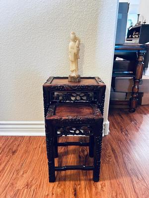 UNIQUE HAND CARVED ALABASTER GEESHA AND GORGEOUS HAND CARVED NESTING TABLES