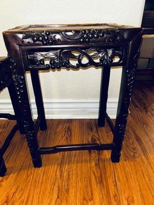 UNIQUE HAND CARVED ALABASTER GEESHA AND GORGEOUS HAND CARVED NESTING TABLES