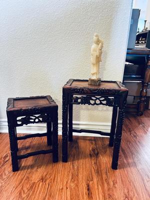 UNIQUE HAND CARVED ALABASTER GEESHA AND GORGEOUS HAND CARVED NESTING TABLES