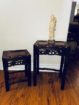 UNIQUE HAND CARVED ALABASTER GEESHA AND GORGEOUS HAND CARVED NESTING TABLES