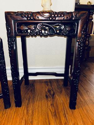 UNIQUE HAND CARVED ALABASTER GEESHA AND GORGEOUS HAND CARVED NESTING TABLES