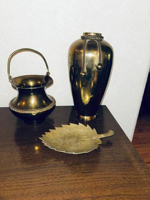INDIA BRASS URN, SPITTOON, AND LEAF DISH