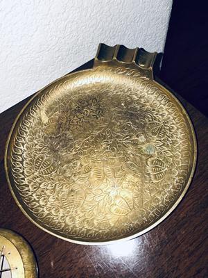 TOBACCO THEMED BRASS, A SPITTOON AND RATHER LARGE ASH TRAY? (MAYBE)