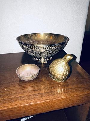 BEAUTIFUL HAND ETCHED ART BRASS BOWL, BRASS QUAIL AND SMALL DISH