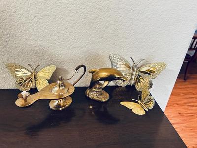 UNIQUE BRASS OIL LAMP, FILLED BRASS DOLPHIN, AND HOME INTERIORS BUTTERFLIES