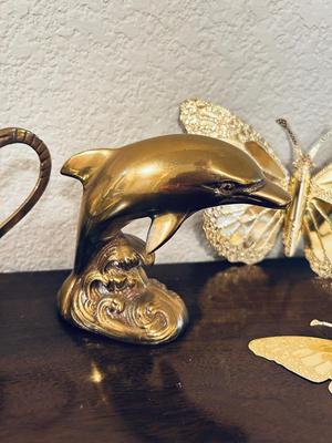 UNIQUE BRASS OIL LAMP, FILLED BRASS DOLPHIN, AND HOME INTERIORS BUTTERFLIES