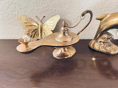 UNIQUE BRASS OIL LAMP, FILLED BRASS DOLPHIN, AND HOME INTERIORS BUTTERFLIES