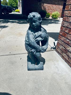CONCRETE BOY AND 2 SMALL CLAY PLANTERS