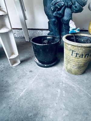 CONCRETE BOY AND 2 SMALL CLAY PLANTERS