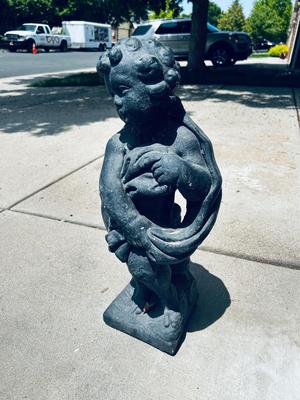 CONCRETE BOY AND 2 SMALL CLAY PLANTERS