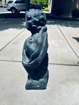CONCRETE BOY AND 2 SMALL CLAY PLANTERS